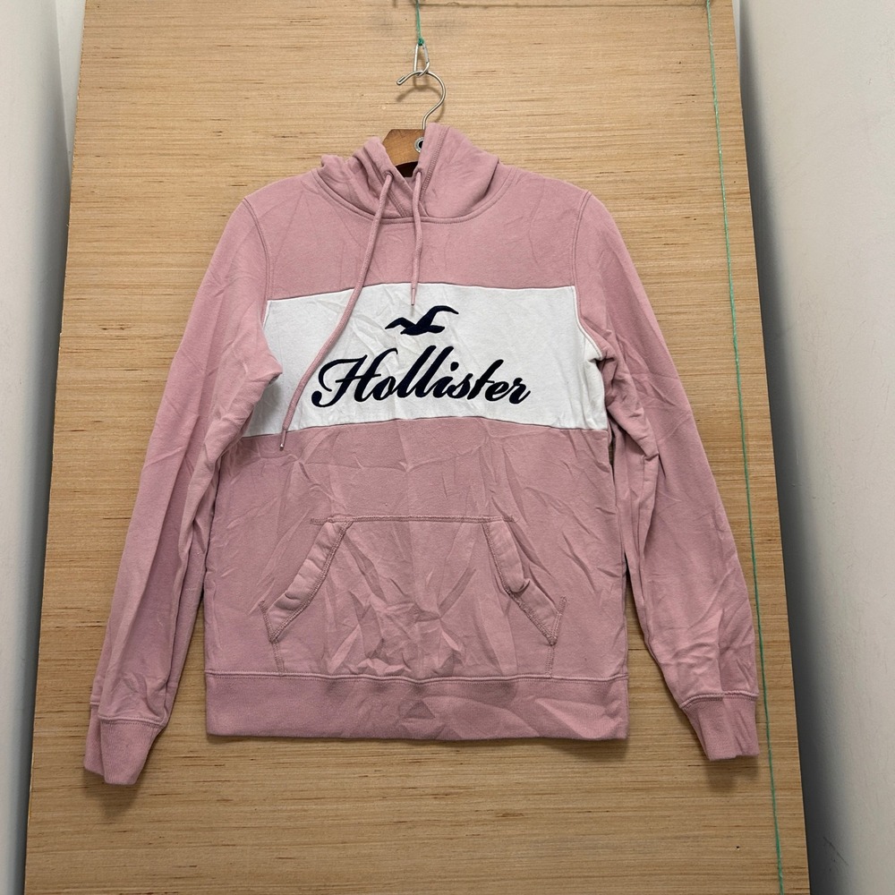 Hollister California Pink White Colorblock Logo Pullover Hoodie Small 7776